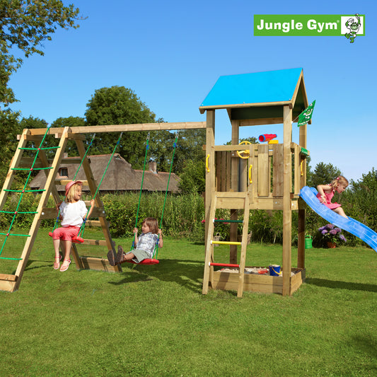 Leikkitornikokonaisuus Jungle Gym Castle 2.1 ja 2-Climb Module 220 ja sininen liukumäki