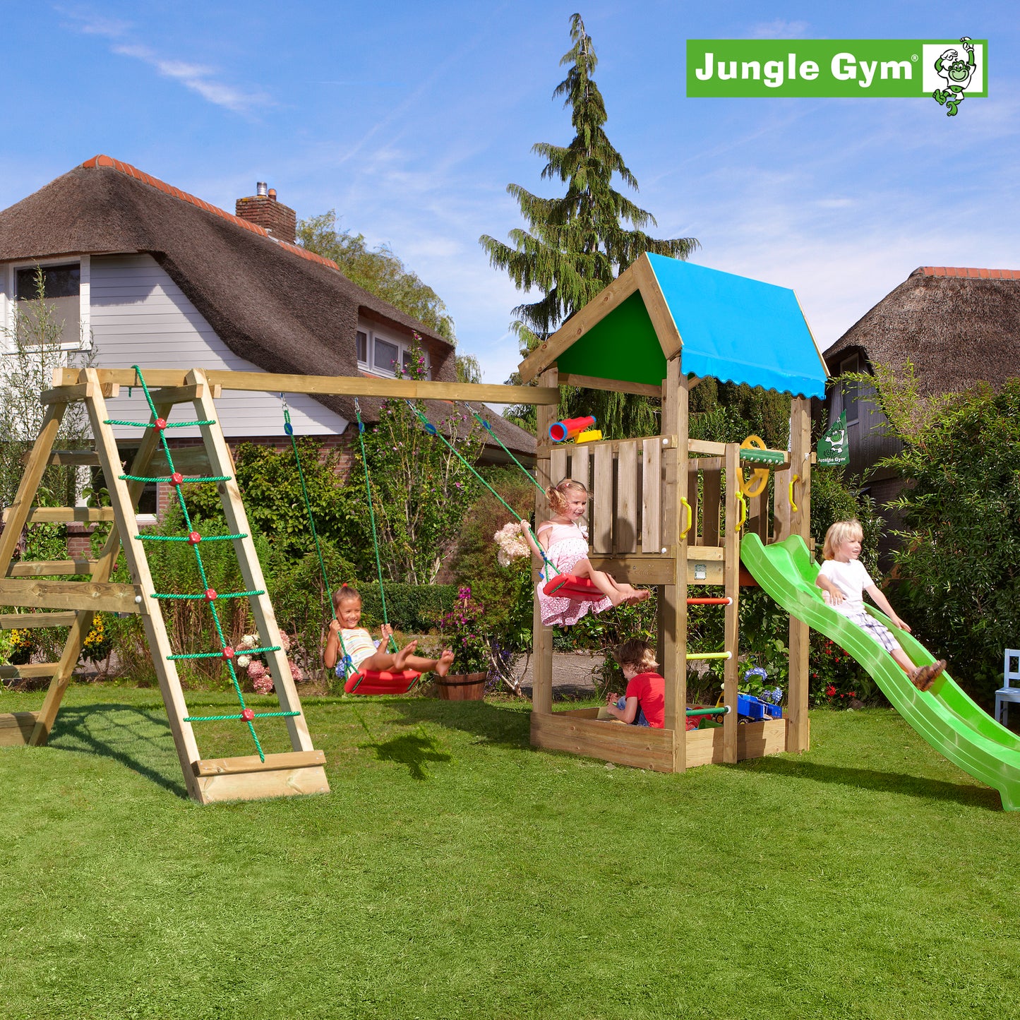 Leikkitornikokonaisuus Jungle Gym Home 2.1 ja 2-Climb Module 220 ja vihreä liukumäki
