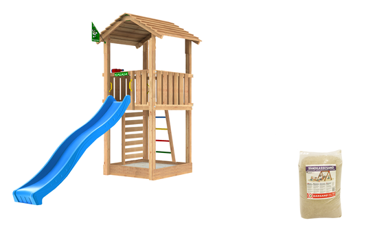 Leikkitorni Jungle Gym Cottage 2.1, sininen liukumäki ja 120 kg hiekkaa