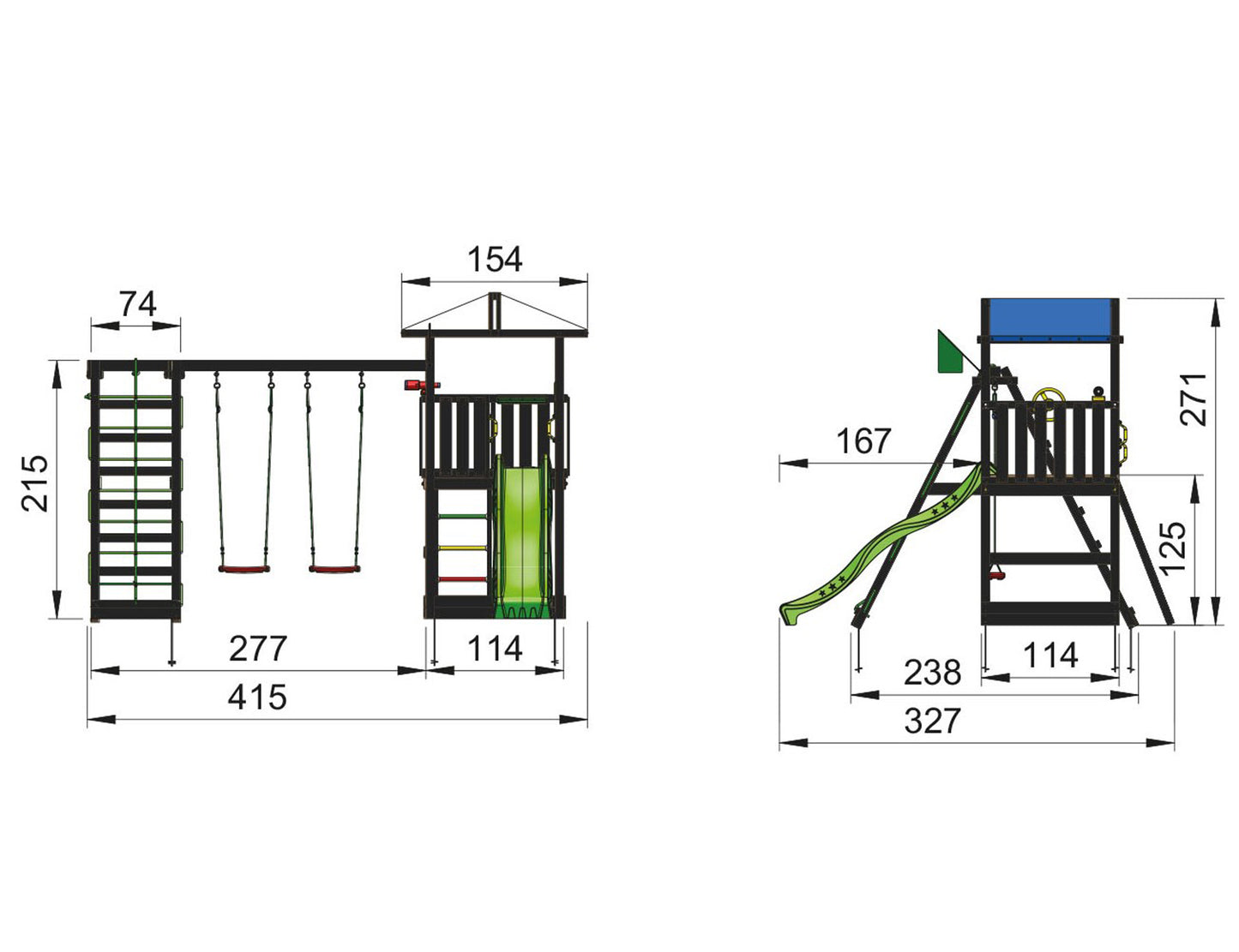 Leikkitornikokonaisuus Jungle Gym Hut 2.1, mustaksi petsattu, ja 2-Swing Module 220, ja vihreä liukumäki