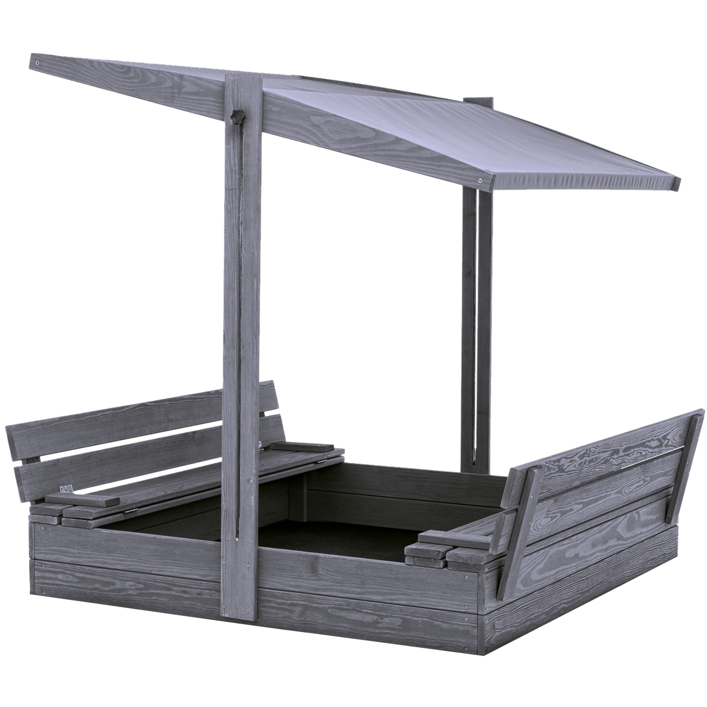 Hiekkalaatikko 120 x 120 cm, penkeiksi taittuva kansi, säädettävä katto, pohjamaalattu harmaa NORDIC PLAY