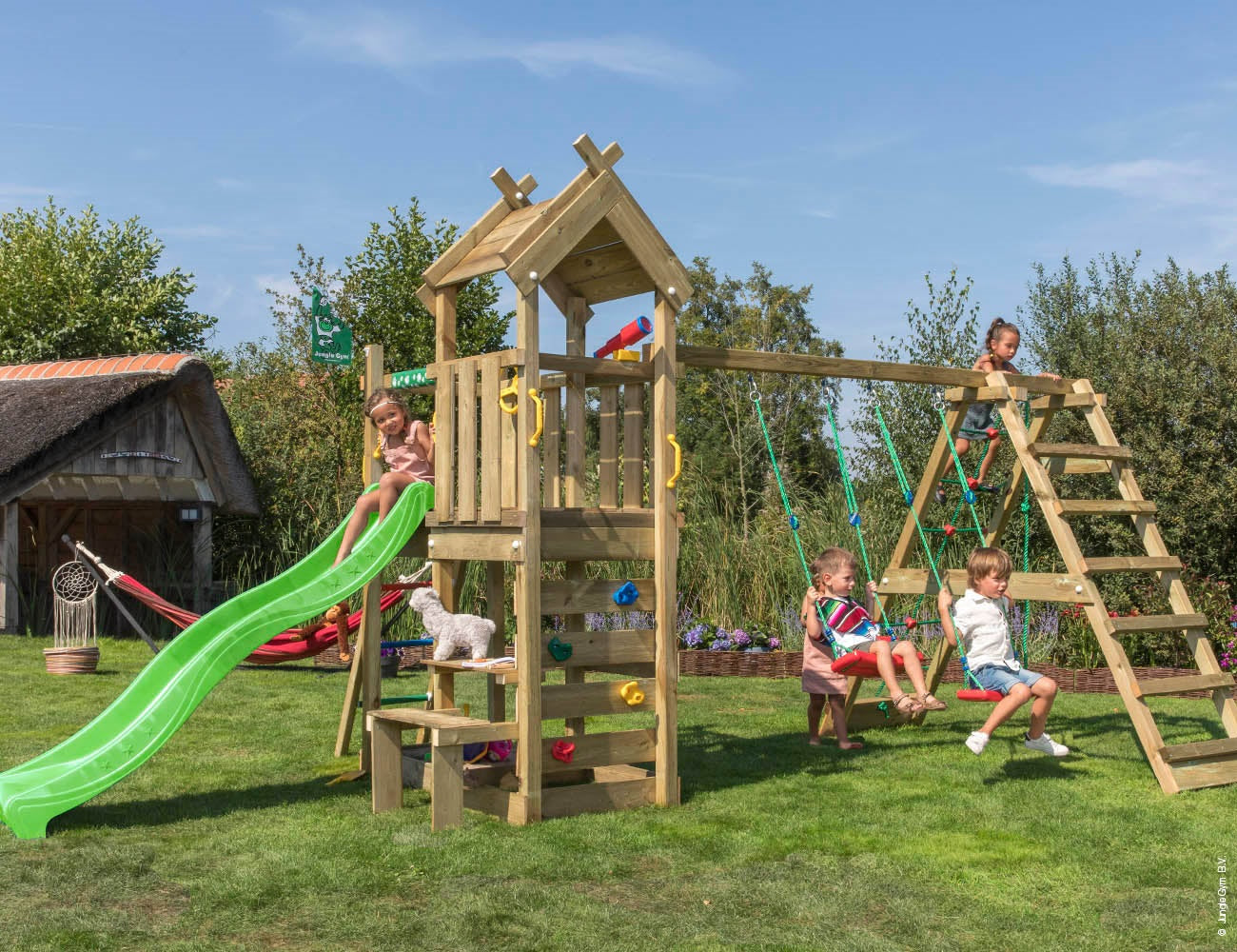 Leikkitorni Jungle Gym Teepee, 2-Climb Module 200 ja vihreä liukumäki