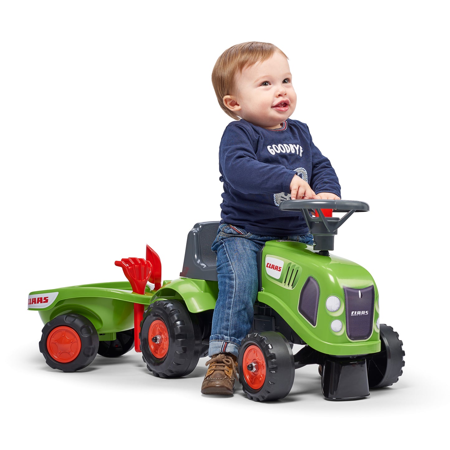 Ride-on traktori peräkärryllä, haravalla ja lapiolla baby Claas FALK