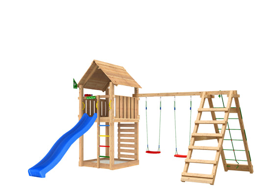 Leikkitorni Jungle Gym Cabin 2.1 ja 2-Climb Module 220, sininen liukumäki ja 120 kg hiekkaa
