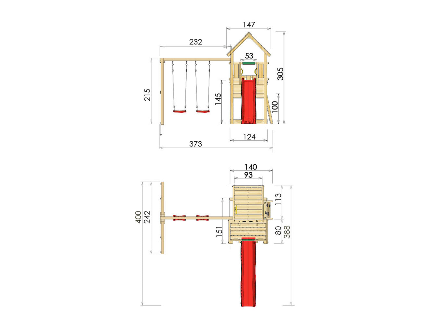 Leikkitornikokonaisuus Jungle Gym Cubby ja 2-Swing Module 220, sininen liukumäki ja 120 kg hiekkaa
