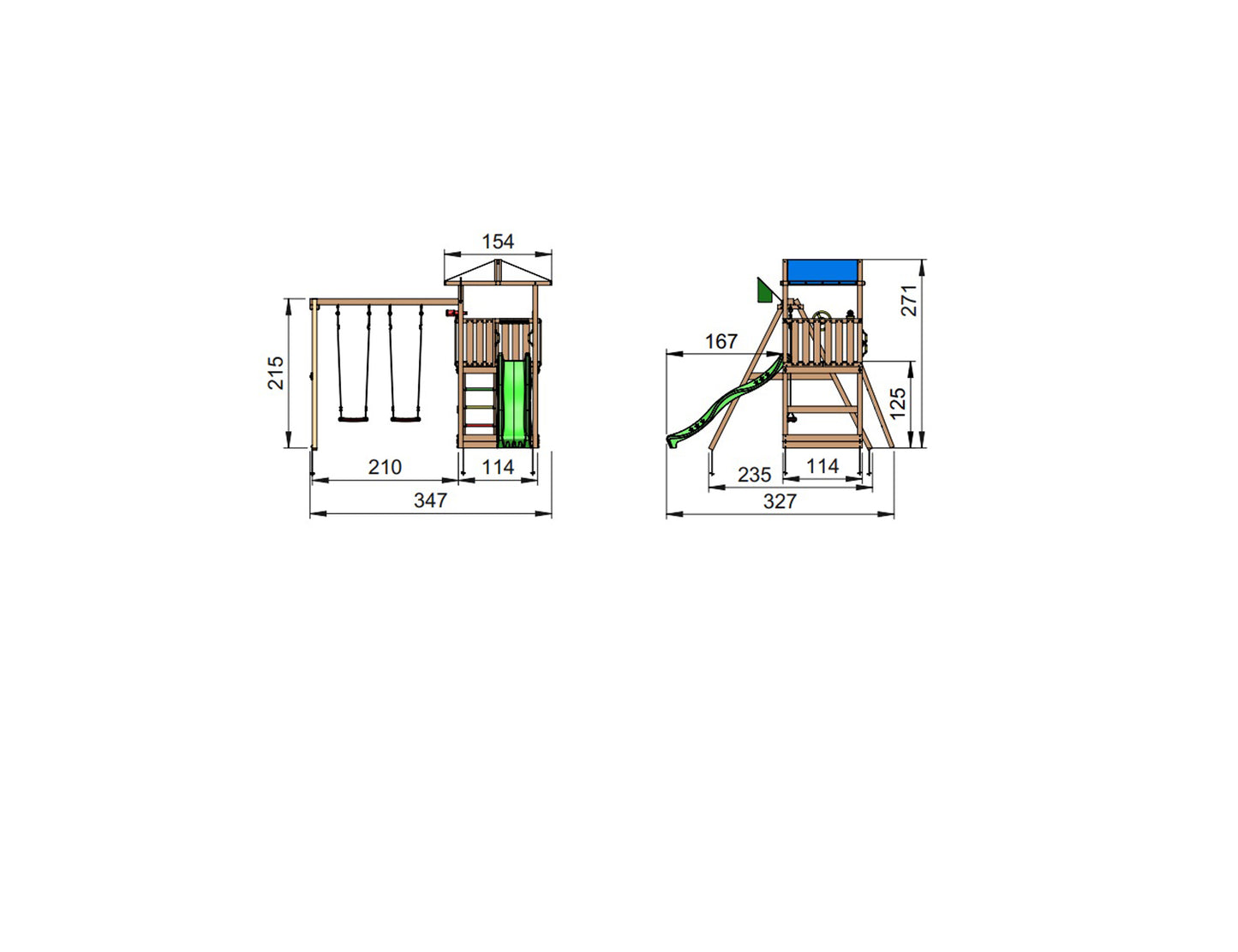 Leikkitornikokonaisuus Jungle Gym Hut 2.1 ja 2-Swing Module 220 ilman liukumäkeä