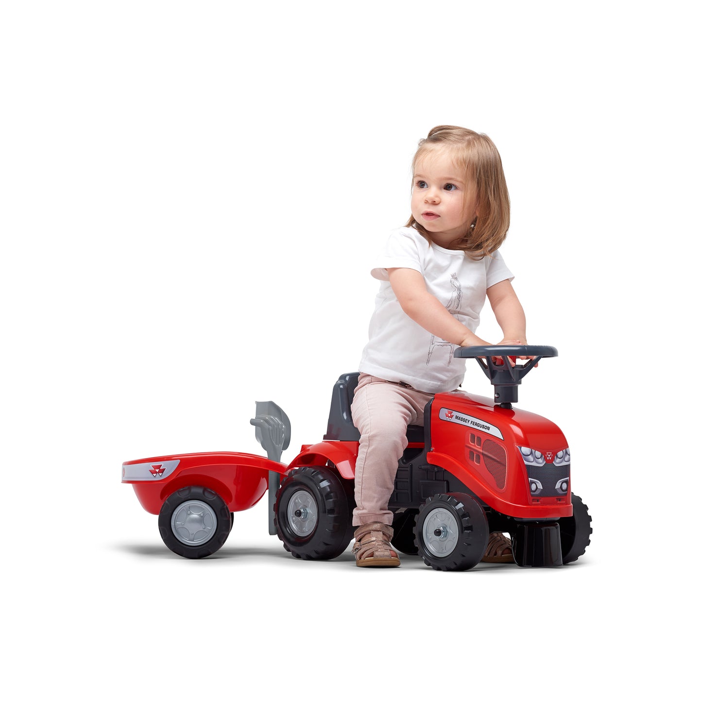 Ride-on traktori peräkärryllä, haravalla ja lapiolla baby Massey Ferguson FALK