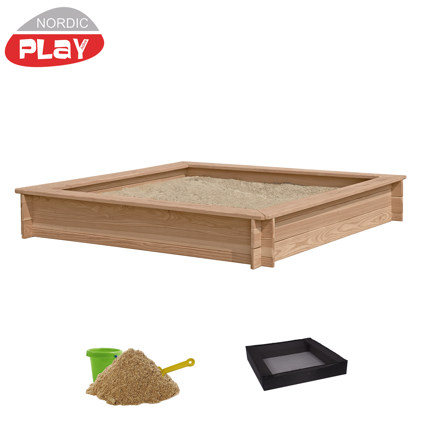 NORDIC PLAY Hiekkalaatikko, lehtikuusi, 150 x 150 cm sis. verkko ja 200 kg hiekkaa