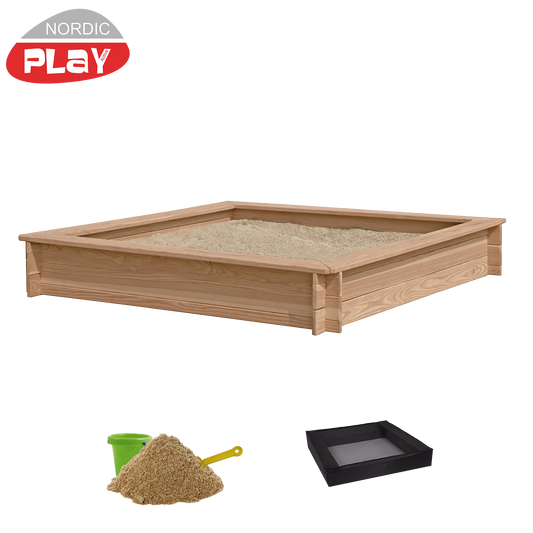 NORDIC PLAY Hiekkalaatikko, lehtikuusi, 150 x 150 cm sis. verkko ja 200 kg hiekkaa
