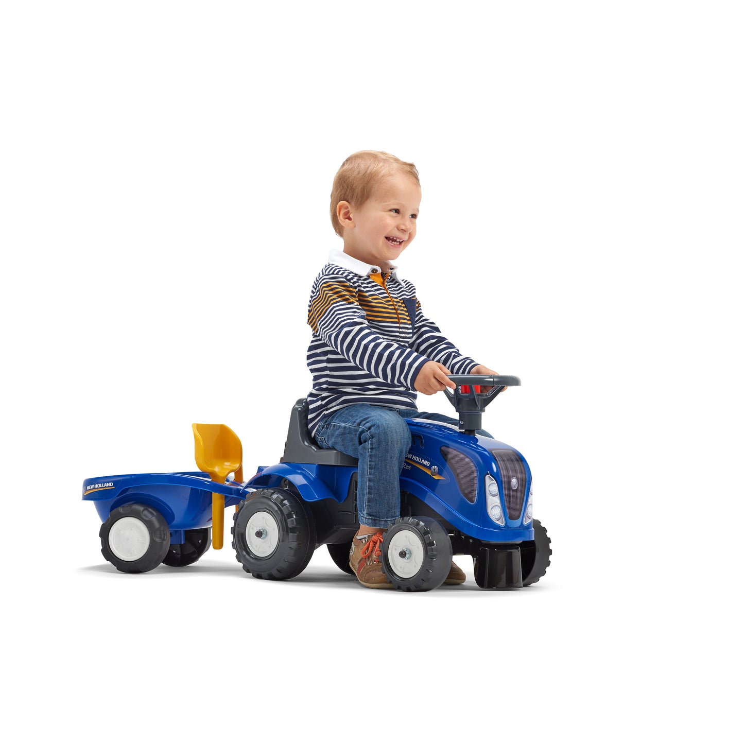 Ride-on traktori peräkärryllä, haravalla ja lapiolla baby New Holland FALK