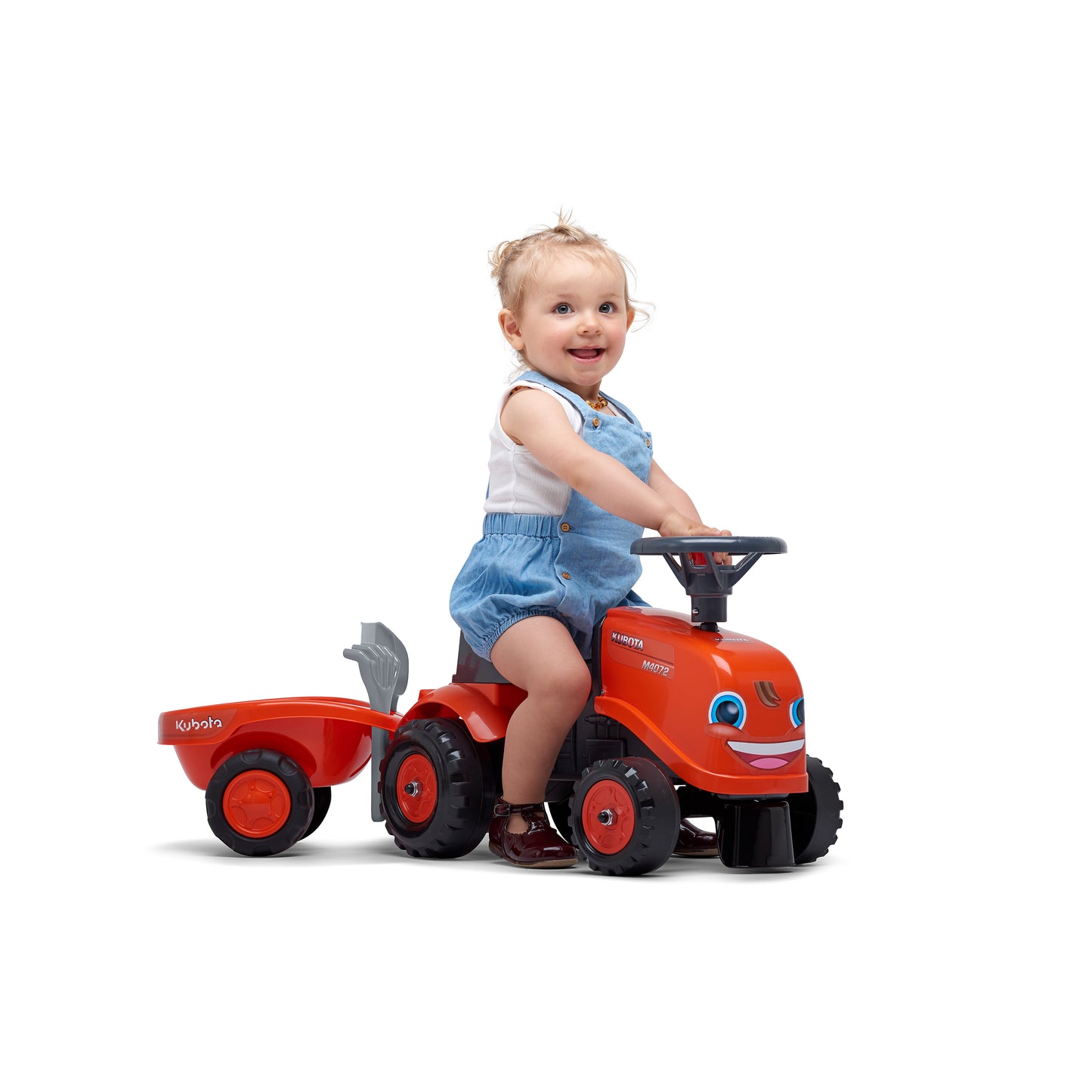 Ride-on traktori peräkärryllä, haravalla ja lapiolla baby Kubota FALK