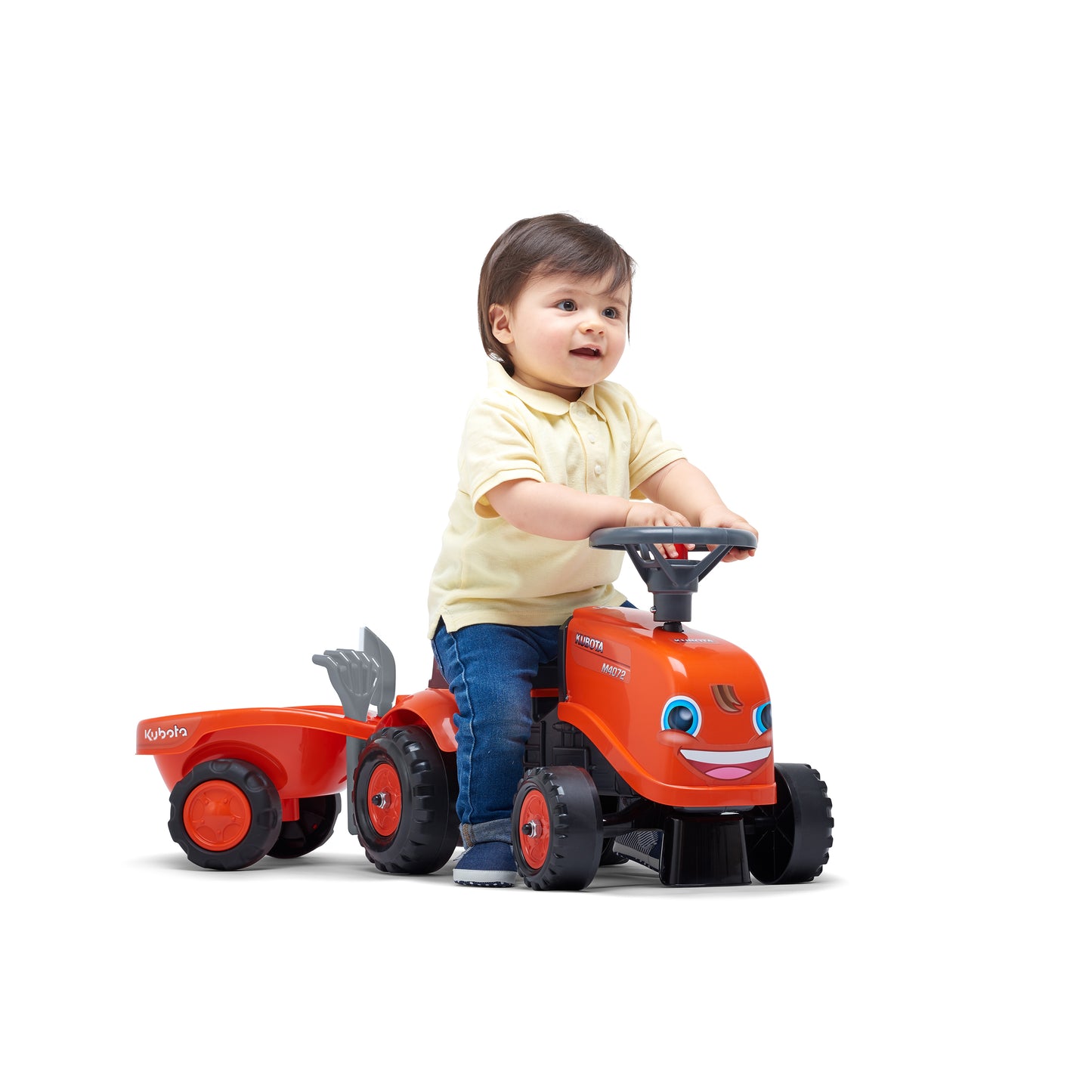 Ride-on traktori peräkärryllä, haravalla ja lapiolla baby Kubota FALK