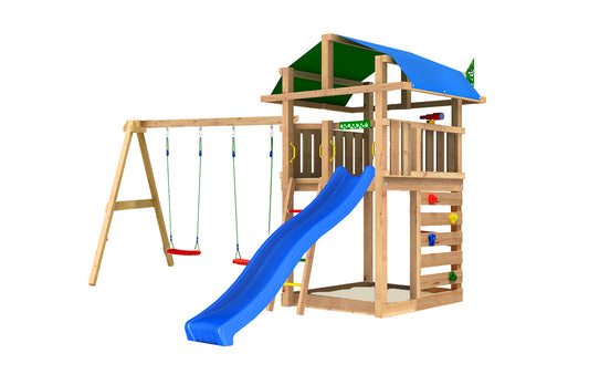 Leikkitorni Jungle Gym Fort 2.1 ja Swing Module sekä sininen liukumäki