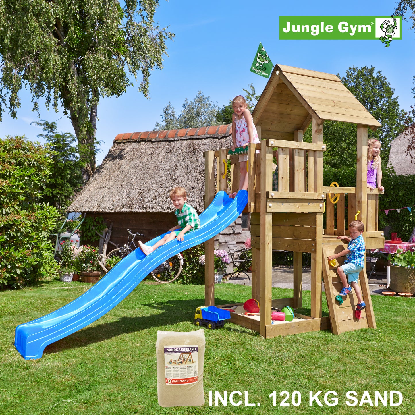 Leikkitornikokonaisuus Jungle Gym Cubby sininen liukumäki ja 120 kg hiekkaa