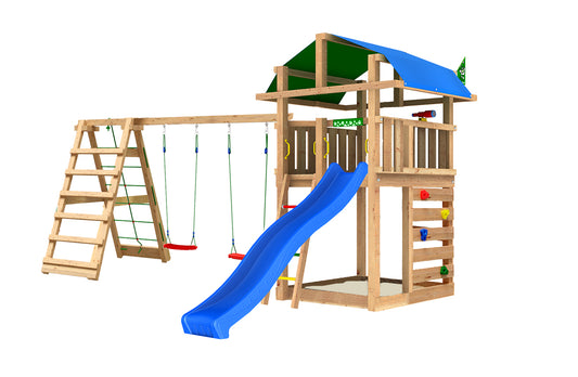Leikkitorni Jungle Gym Fort 2.1 ja Climb Module sekä sininen liukumäki