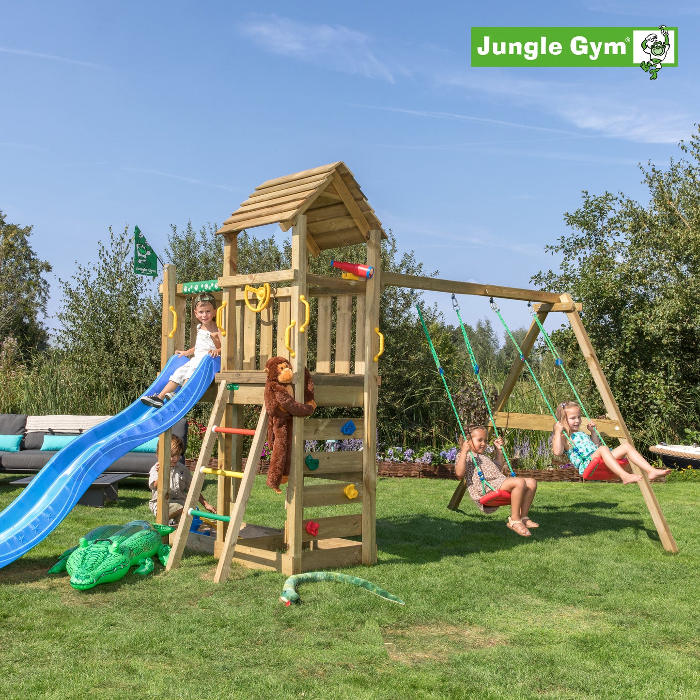Leikkitornikokonaisuus Jungle Gym Safari 2-Swing Module 200 ja sininen liukumäki