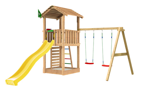 Leikkitorni Jungle Gym Cottage 2.1, 2-Swing Module 220 ja vihreä liukumäki