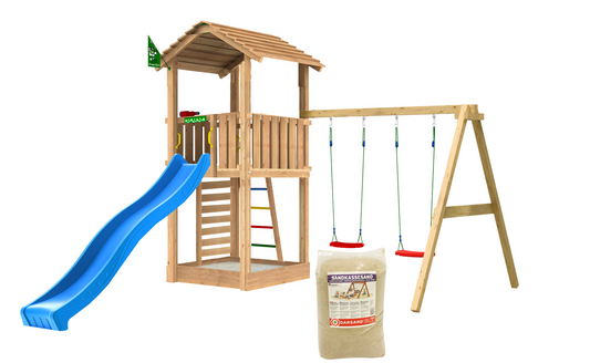 Leikkitorni Jungle Gym Cottage 2.1, 2-Swing Module 220, sininen liukumäki ja 120 kg hiekkaa