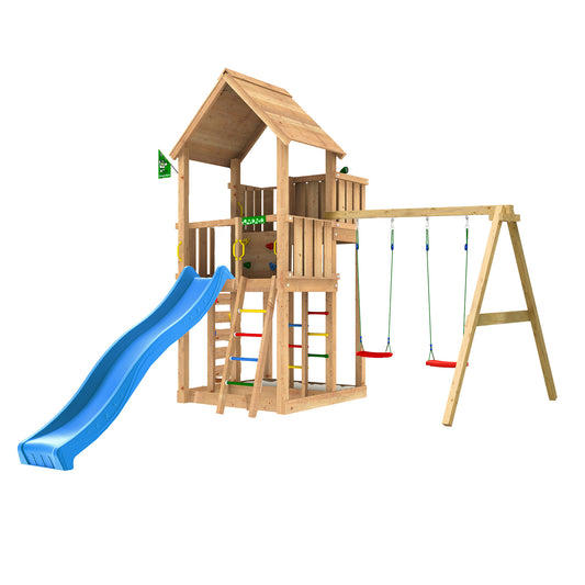 Leikkitorni Jungle Gym Palace 2.1, 2-Swing Module 220, sininen liukumäki ja 120 kg hiekkaa