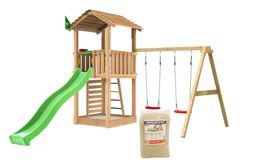 Leikkitorni Jungle Gym Cottage 2.1, 2-Swing Module 220, vihreä liukumäki ja 120 kg hiekkaa