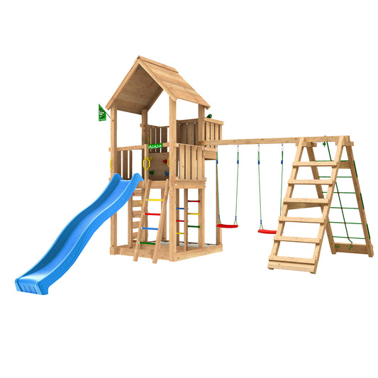 Leikkitorni Jungle Gym Palace 2.1, 2-Climb Module 220, sininen liukumäki ja 120 kg hiekkaa