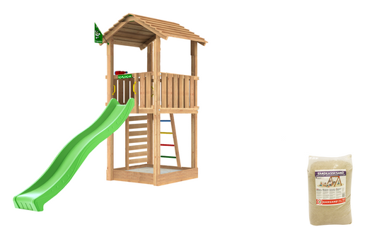 Leikkitorni Jungle Gym Cottage 2.1, vihreä liukumäki ja 120 kg hiekkaa