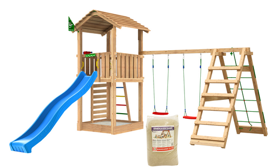 Leikkitorni Jungle Gym Cottage 2.1, ja 2-Climb Module 220, sininen liukumäki ja 120 kg hiekkaa