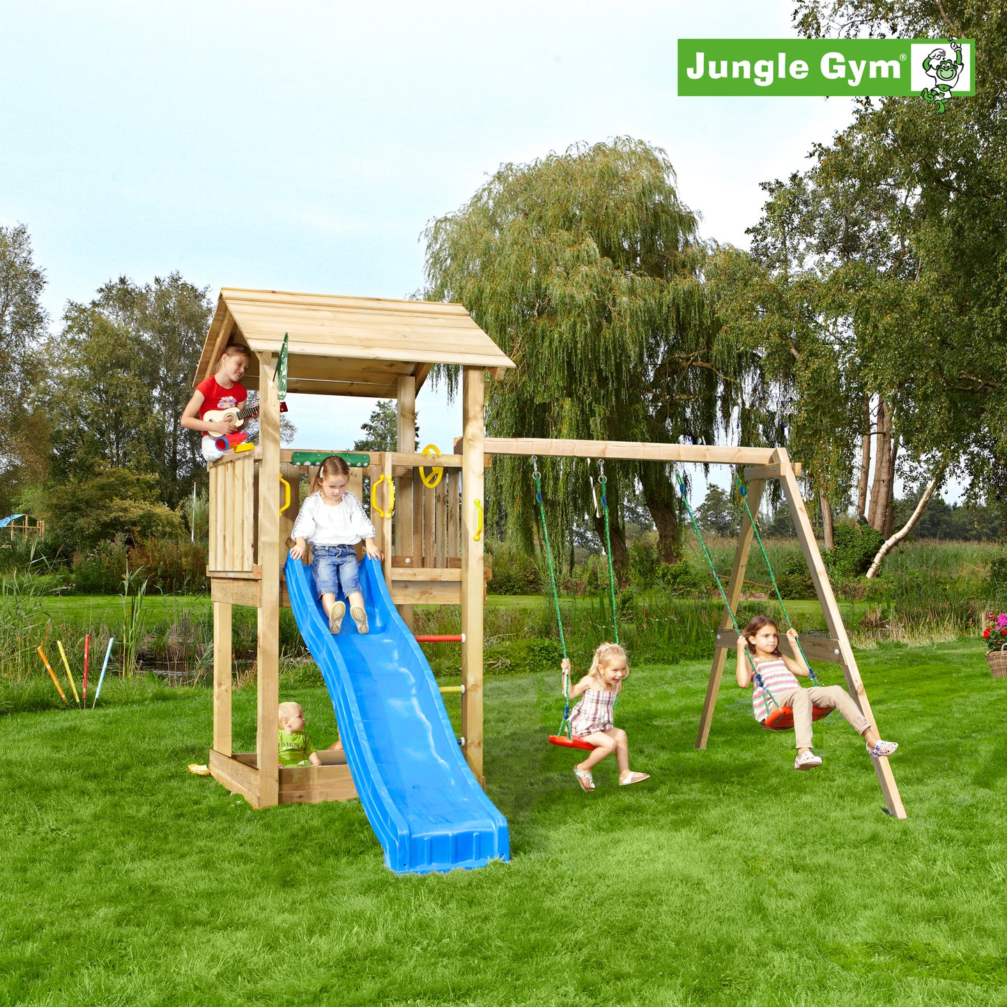 Leikkitornikokonaisuus Jungle Gym Casa 2.1 ja 2-Swing Module 220 ja sininen liukumäki