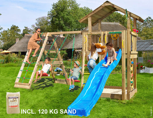 Leikkitorni Jungle Gym Chalet 2.1 ja 2-Climb Module 220, sininen liukumäki ja 120 kg hiekkaa