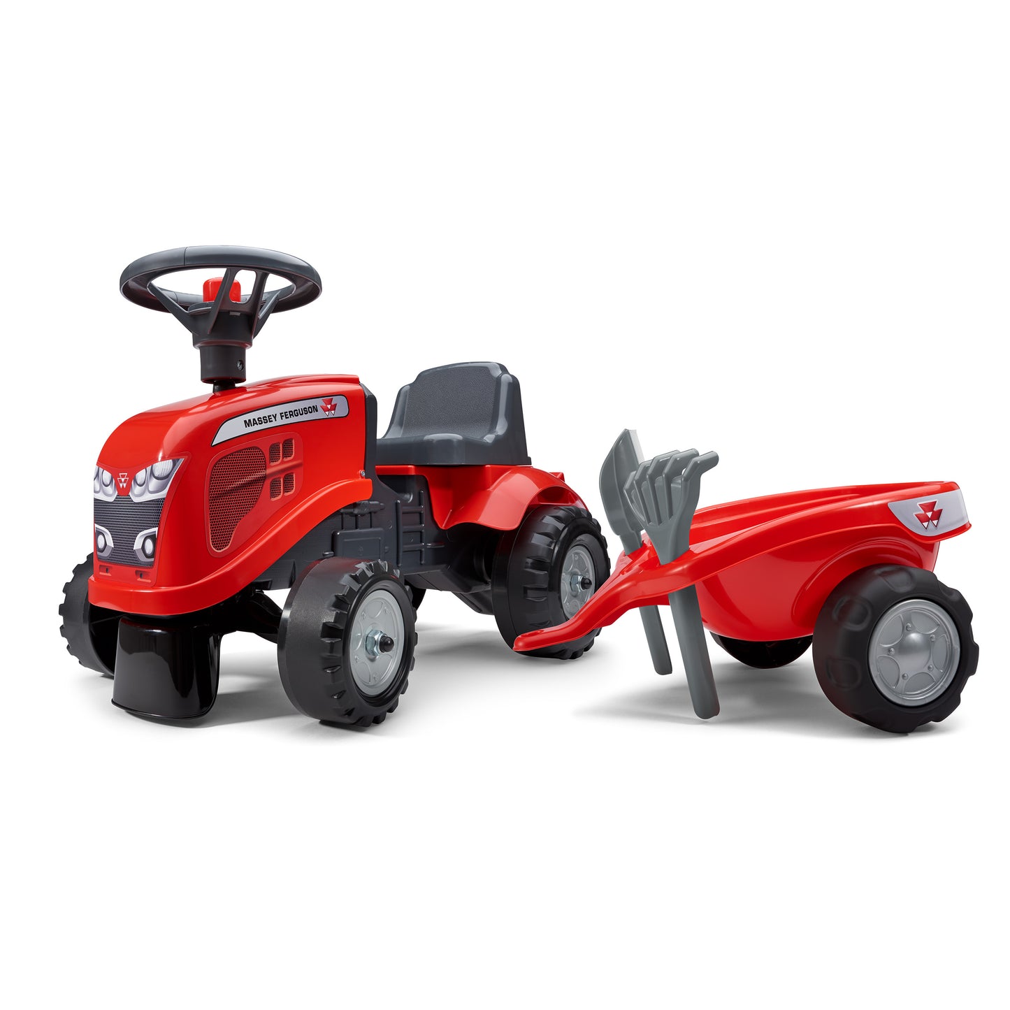 Ride-on traktori peräkärryllä, haravalla ja lapiolla baby Massey Ferguson FALK