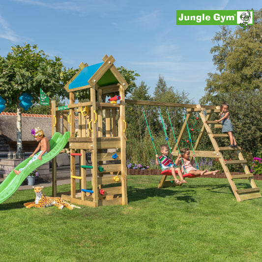 Leikkitornikokonaisuus Jungle Gym Nomad 2-Climb Module 200 ja tummanvihreä liukumäki