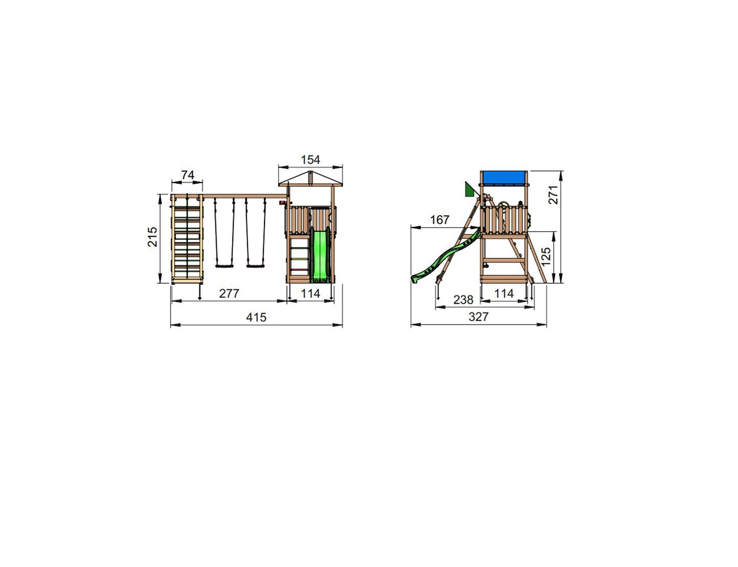 Leikkitornikokonaisuus Jungle Gym Hut 2.1 ja 2-Climb Module 220 ilman liukumäkeä
