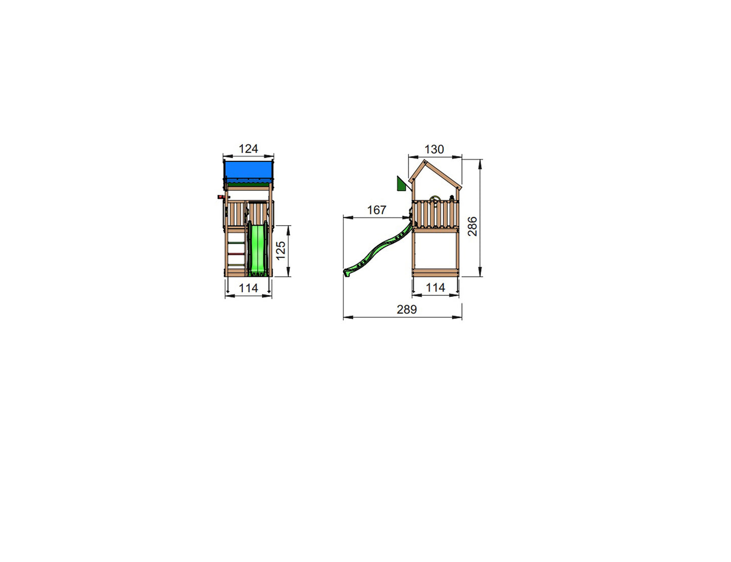 Leikkitornikokonaisuus Jungle Gym Home 2.1 ja vihreä liukumäki
