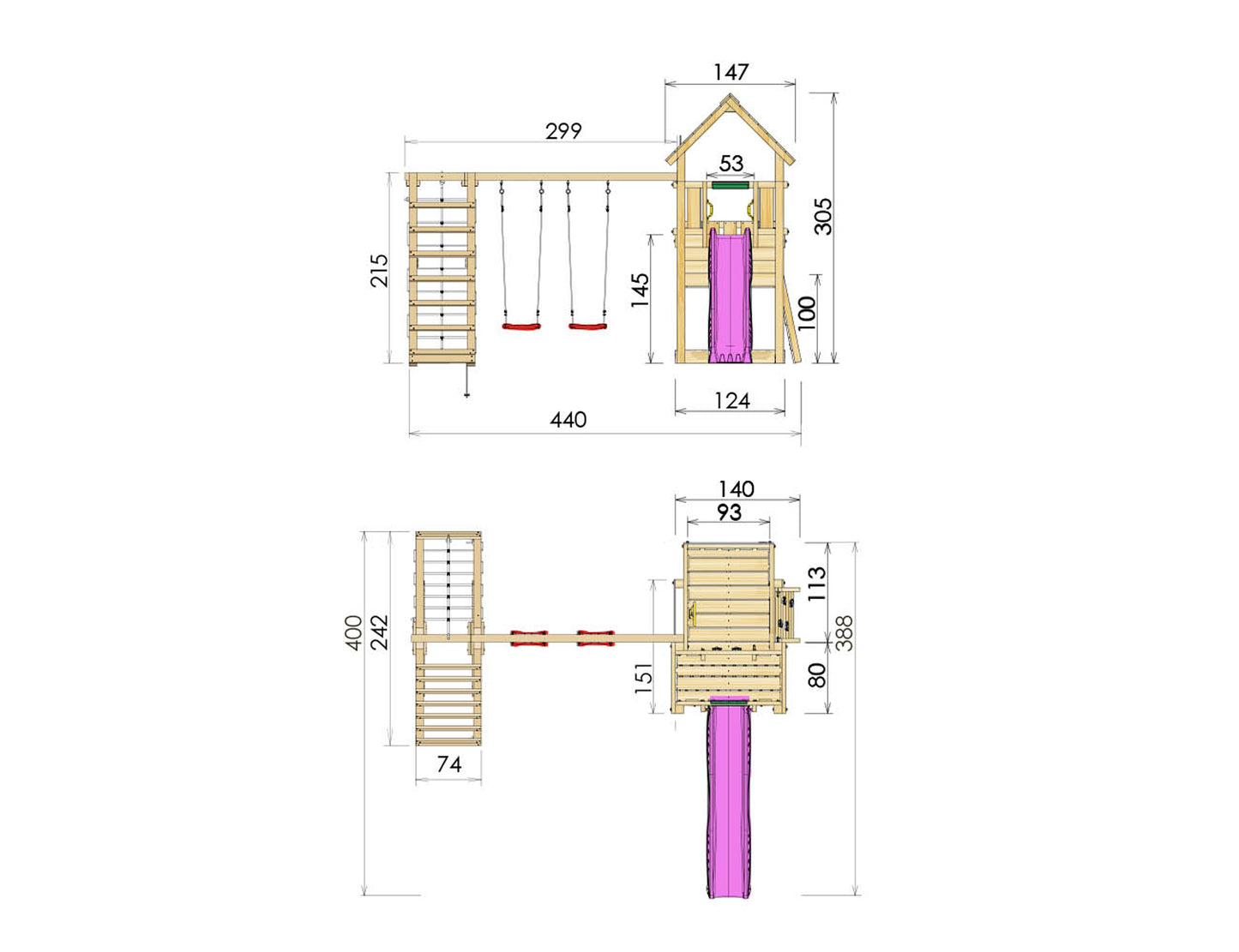 Leikkitornikokonaisuus Jungle Gym Cubby ja 2-Climb Module 220, sininen liukumäki ja 120 kg hiekkaa