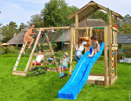 Leikkitorni Jungle Gym Chalet 2.1 ja 2-Climb Module 220 ja sininen liukumäki