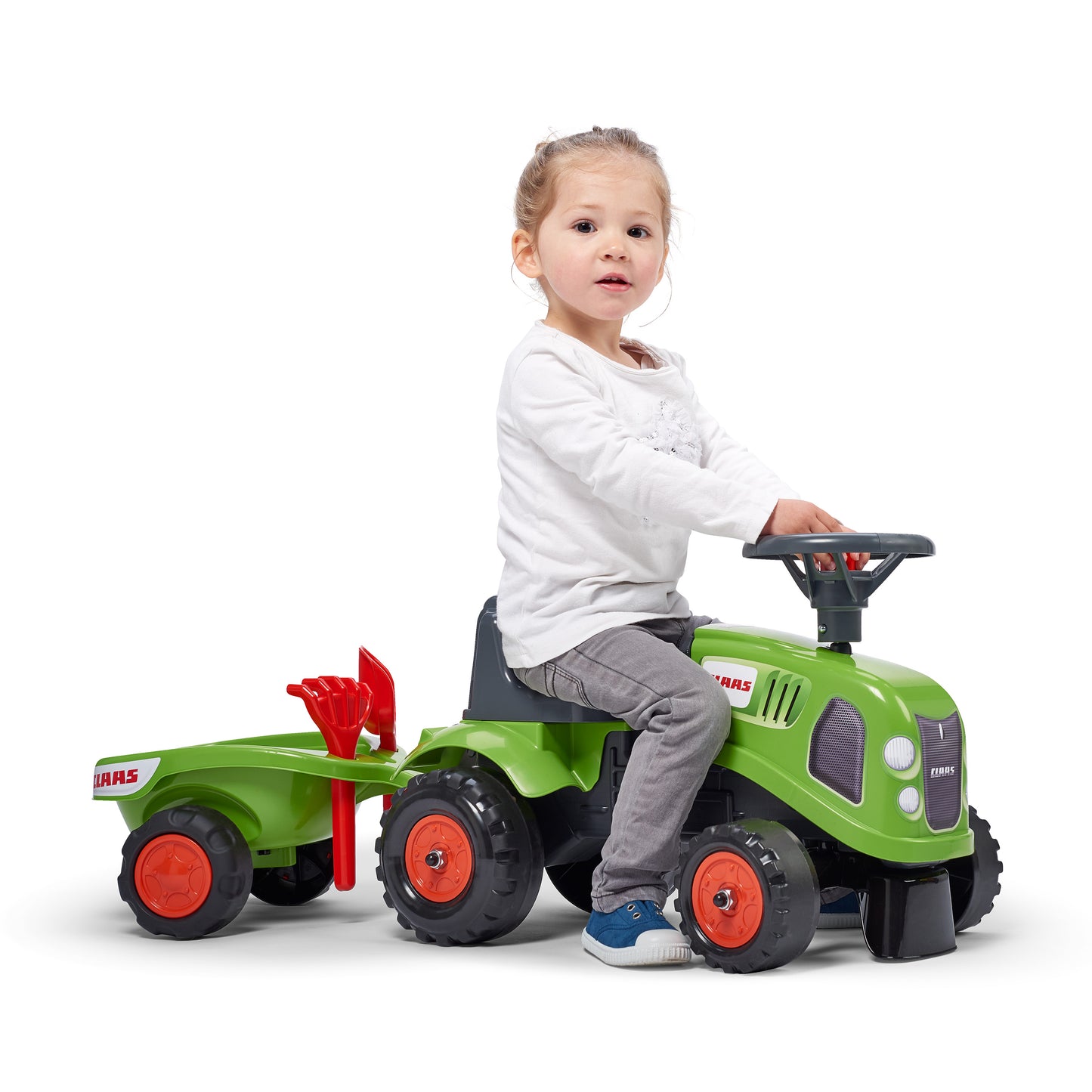 Ride-on traktori peräkärryllä, haravalla ja lapiolla baby Claas FALK