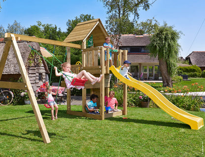 Leikkitornikokonaisuus Jungle Gym Cubby ja 2-Swing Module 220 ja keltainen liukumäki