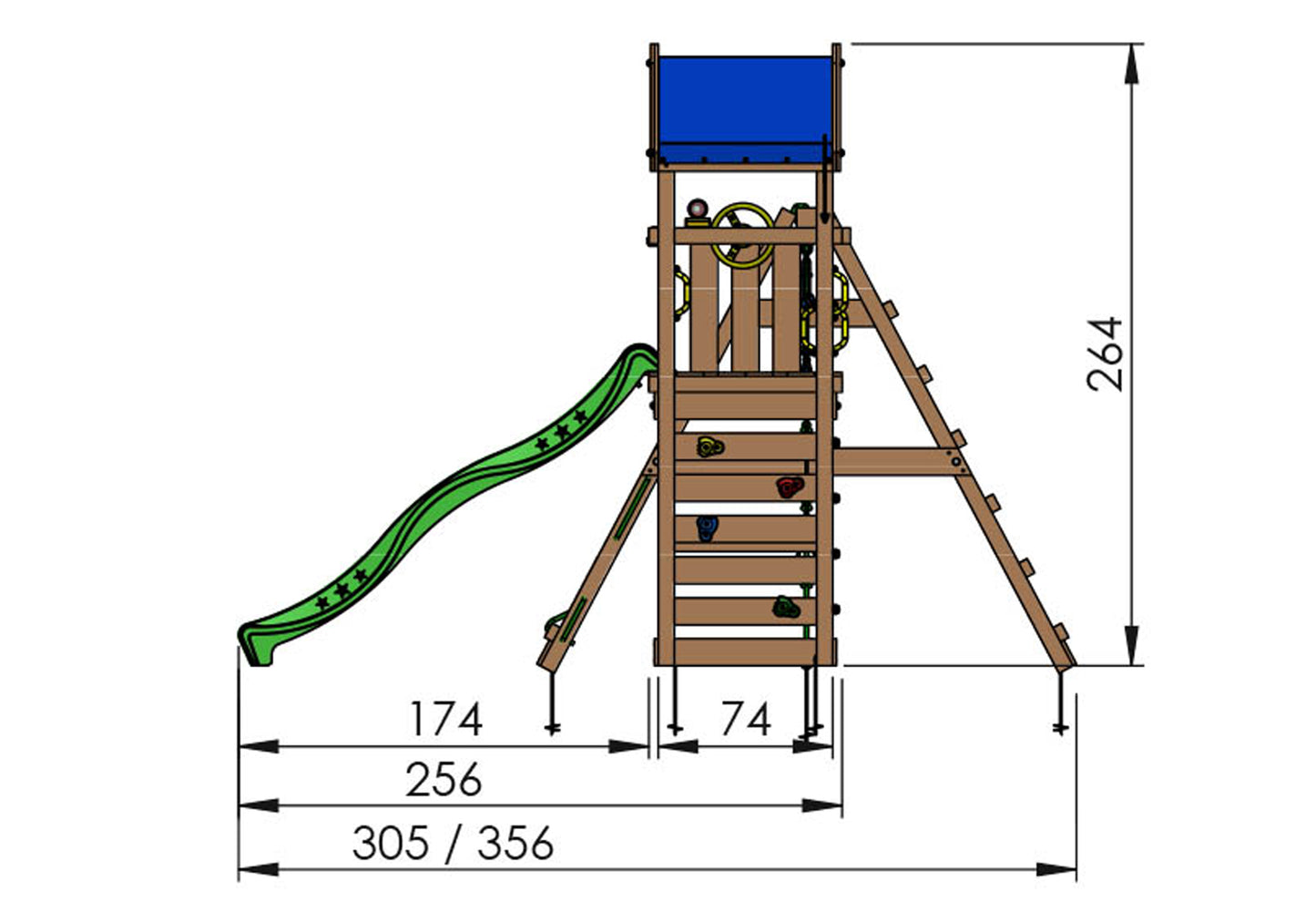 Leikkitornikokonaisuus Jungle Gym Patio 2-Climb Module 200 ja vihreä liukumäki