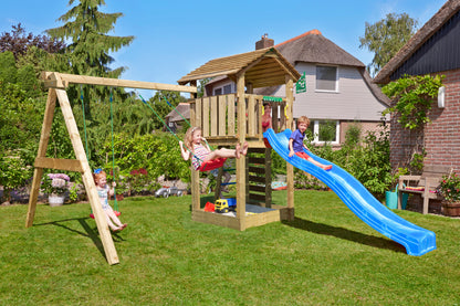 Leikkitorni Jungle Gym Cottage 2.1, 2-Swing Module 220, sininen liukumäki ja 120 kg hiekkaa