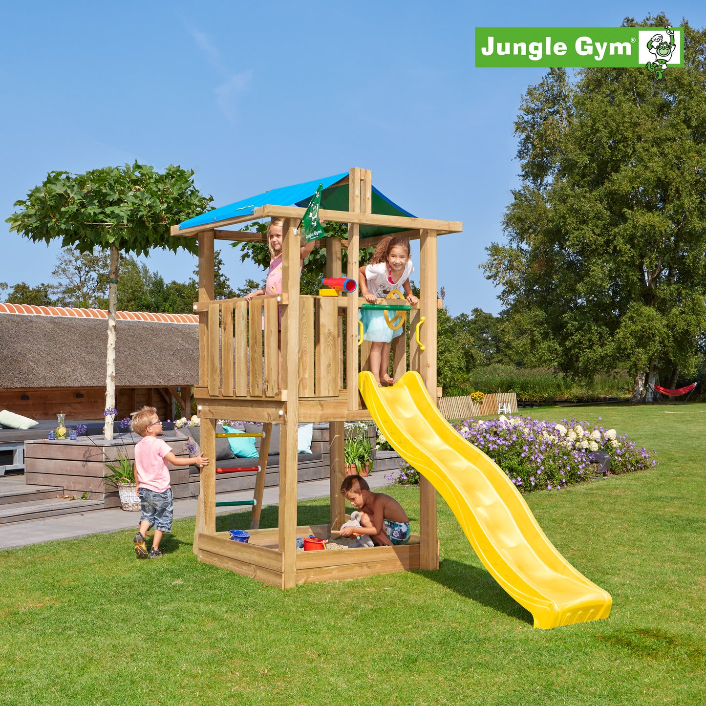 Leikkitornikokonaisuus Jungle Gym Hut 2.1 keltainen liukumäki