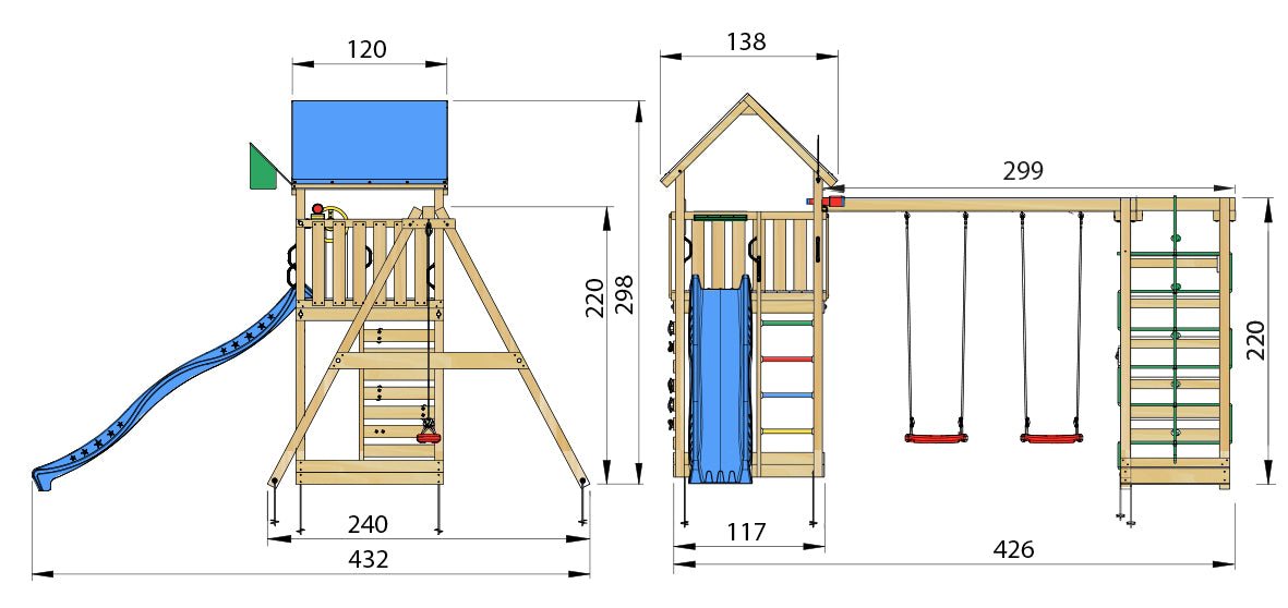 Leikkitorni Jungle Gym Lodge 2.1 ja Climb Module sekä sininen liukumäki