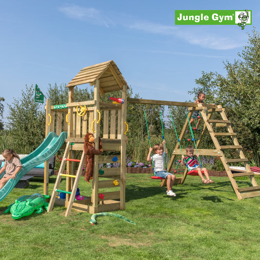 Leikkitornikokonaisuus Jungle Gym Safari 2-Climb Module 200 ja tummanvihreä liukumäki