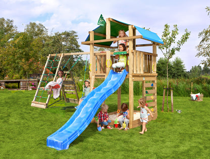 Leikkitorni Jungle Gym Fort 2.1 ja Climb Module sekä sininen liukumäki