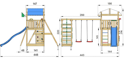 Leikkitorni Jungle Gym Fort 2.1 ja Climb Module sekä sininen liukumäki