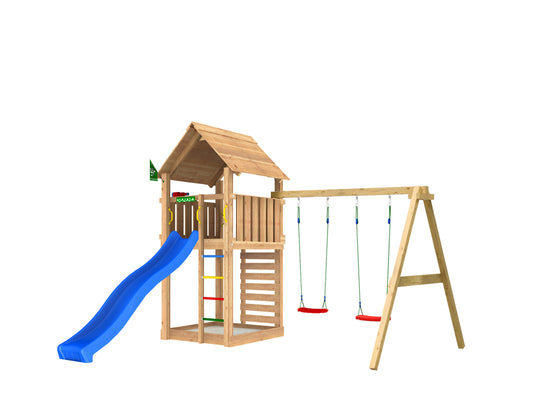 Leikkitorni Jungle Gym Cabin 2.1 ja 2-Swing Module 220, sininen liukumäki ja 120 kg hiekkaa