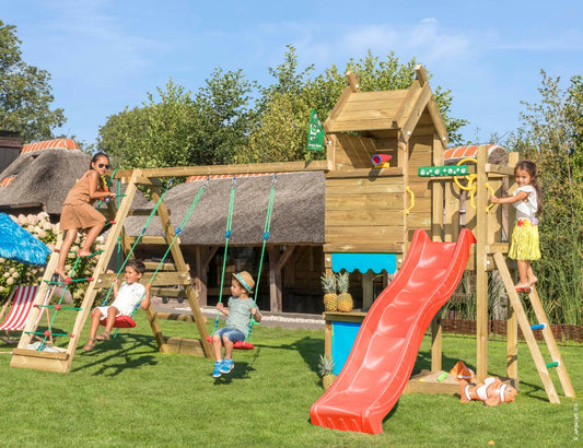 Leikkitorni Jungle Gym Resort, 2-Climb Module 200 ja punainen liukumäki