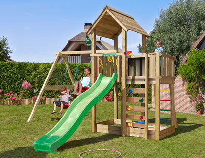 Leikkitorni Jungle Gym Mansion 2.1 ja 2-Swing Module 220, vihreä liukumäki ja 120 kg hiekkaa