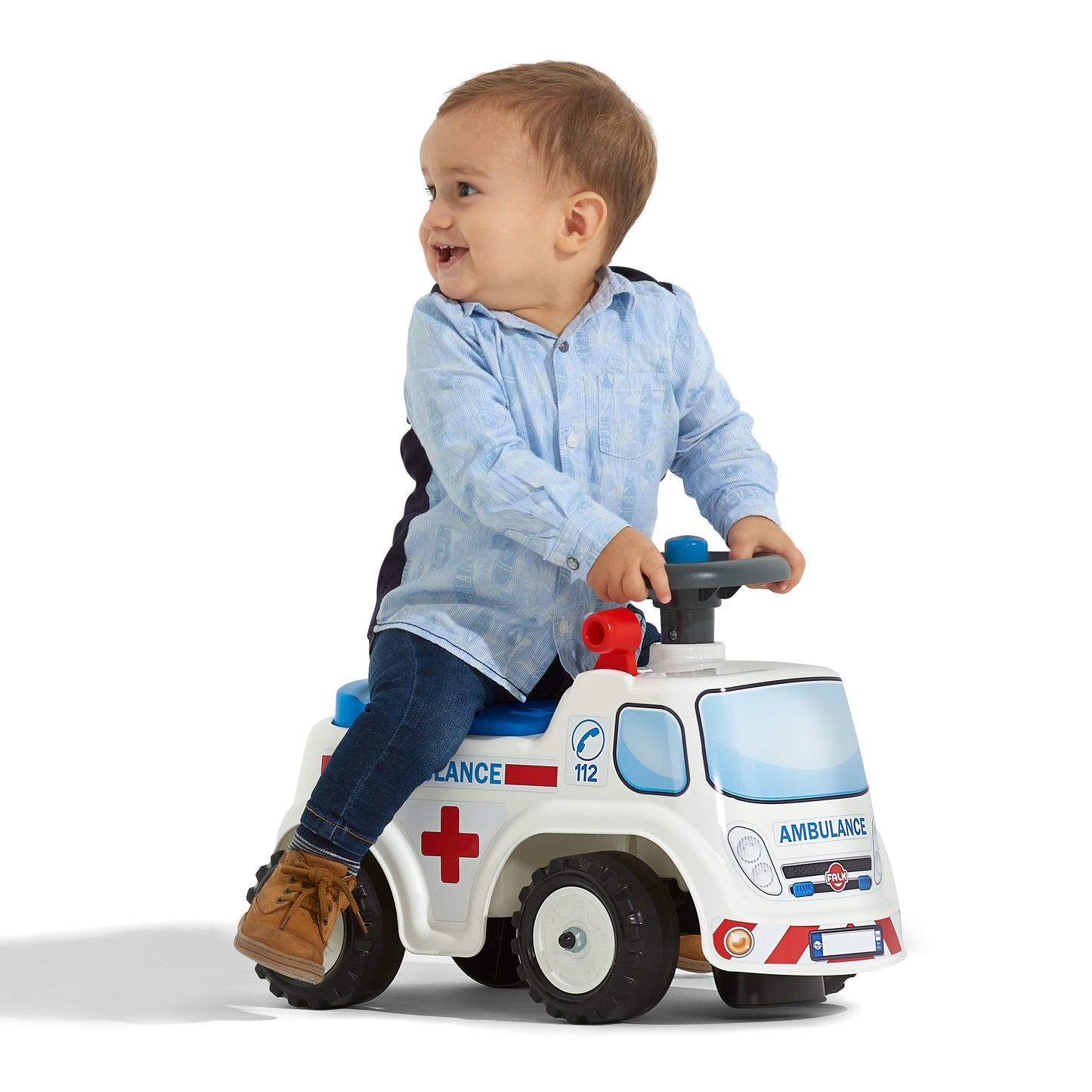 Ambulanssi ride-on säilytystilalla, ratti ja äänitorvi FALK