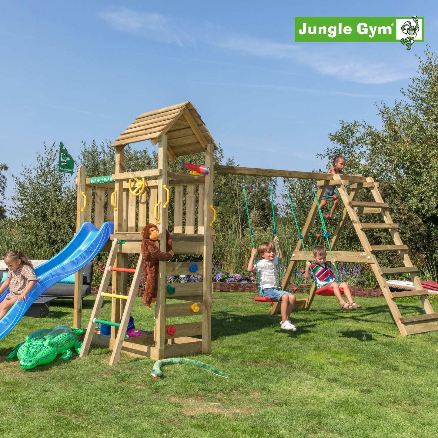 Leikkitornikokonaisuus Jungle Gym Safari 2-Climb Module 200 ja sininen liukumäki