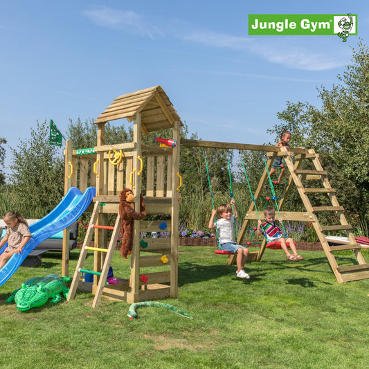 Leikkitornikokonaisuus Jungle Gym Safari 2-Climb Module 200 ja sininen liukumäki